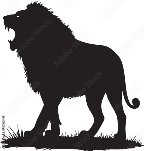 Black silhouette of a roaring lion on grass open mouth