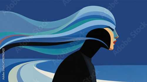 Abstract Portrait of a Woman in Motion with Flowing Hair in Shades of Blue, Black Outfit and Vibrant Background Reflecting Modern Artabstract