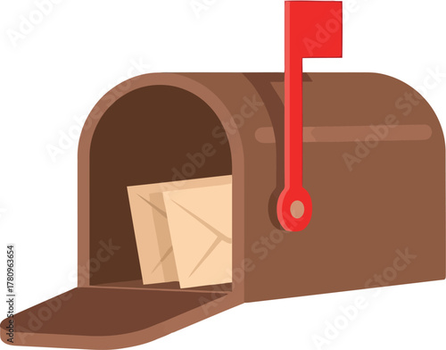 Brown mailbox with letter inside open door red flag