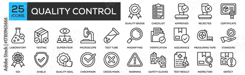 Quality Control icon collection set. Containing design Quality Badge, Inspection Checklist, Approved Stamp, Rejected Stamp, Quality Certificate