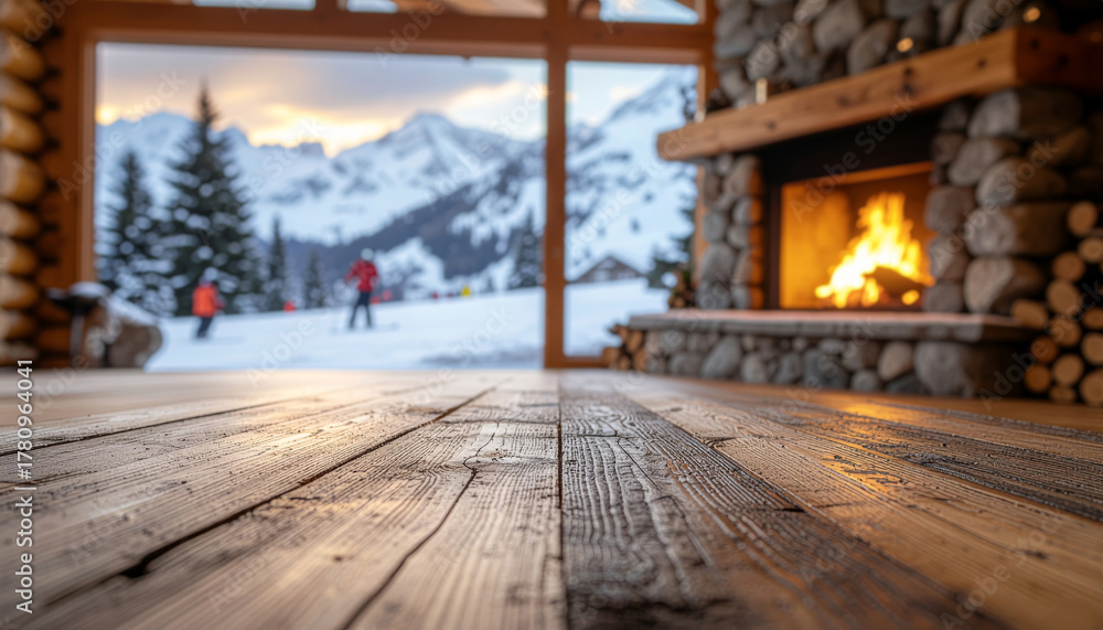 Fototapeta premium Warm cabin interior with glowing fireplace and snowy alpine landscape view, perfect for cozy winter poster or cabin lifestyle background template