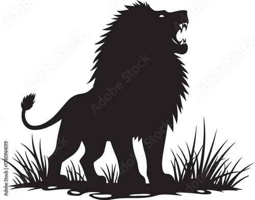 Black silhouette of a roaring lion standing in grass