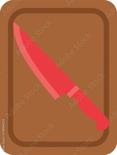 Red kitchen knife on wooden cutting board