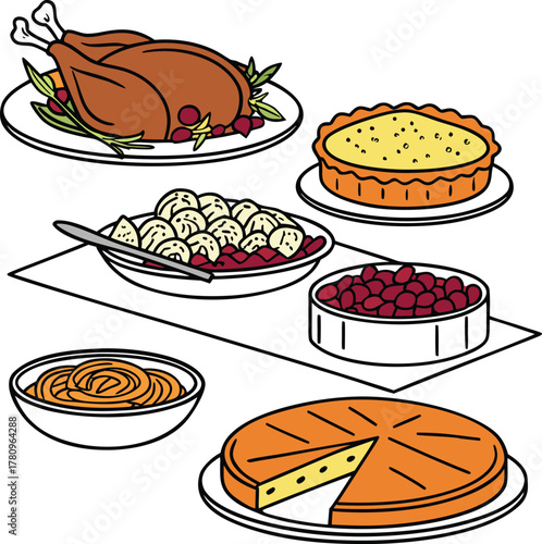 Assortment of festive thanksgiving holiday meal dishes vector illustration.
