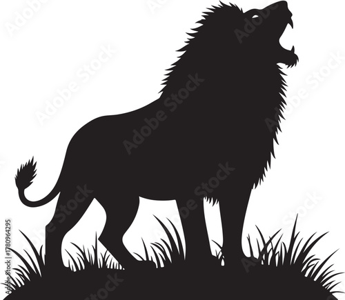 Black silhouette of a roaring lion standing in grass