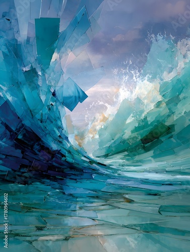Abstract Ocean Waves: Teal Tones and Crystal Reflections in a Serene, Modern Artwork