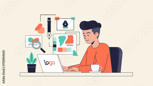 Graphic Designer Working on Laptop with Creative Tools and Elements.