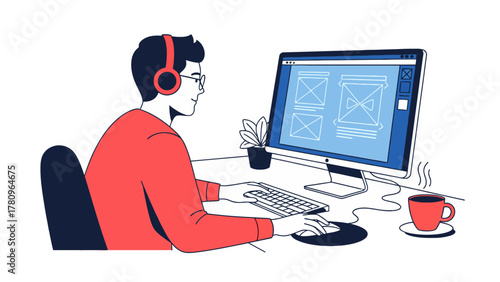 Young Male Developer Working on Computer with Headphones.