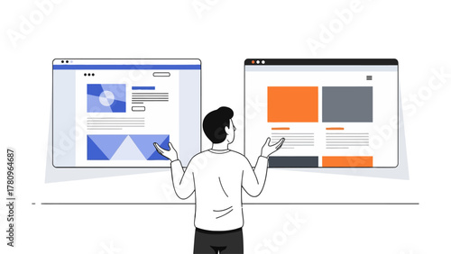 Man contemplating website design options comparing two different layouts.