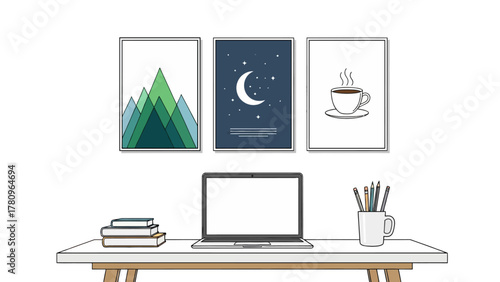 Modern illustrated home office workspace with laptop and wall art.
