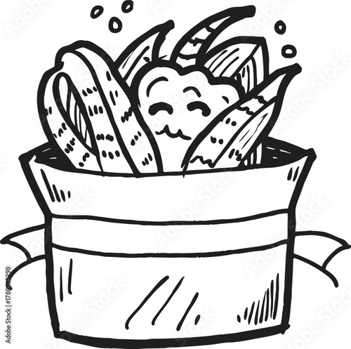 Hand-drawn cute potted succulent with a happy face, simple plant doodle