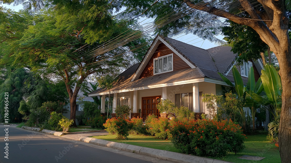 Naklejka premium Cozy Suburban Haven: A picturesque suburban house stands proudly amidst lush greenery, a testament to comfort and tranquility, with inviting windows and a welcoming atmosphere.