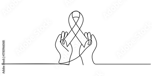 One line art drawing of human hands gently holding an awareness ribbon, symbolizing global support, hope, and solidarity for vital health causes. simple vector.