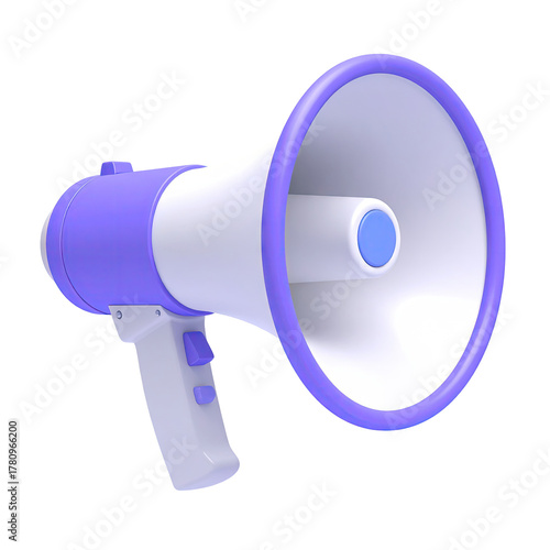 A 3D rendered, white and purple megaphone against a black background