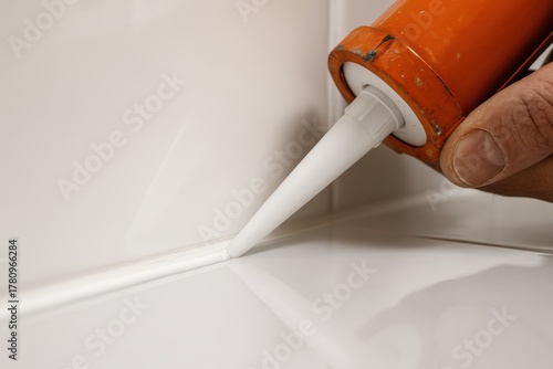 Applying white silicone sealant along the tile corner to create a waterproof bathroom joint