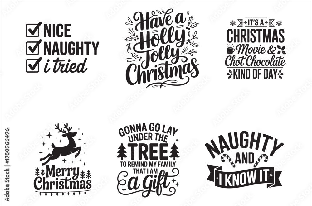 Fototapeta premium Christmas list and festive phrases displayed on a white background