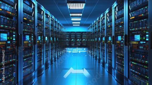 A server room with multiple servers and a blue light in the background.