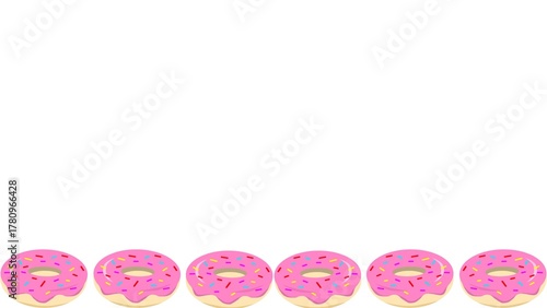 Pink sprinkled donuts frame on white. Bottom border pink donuts. Donut frame with pink frosting and rainbow sprinkles