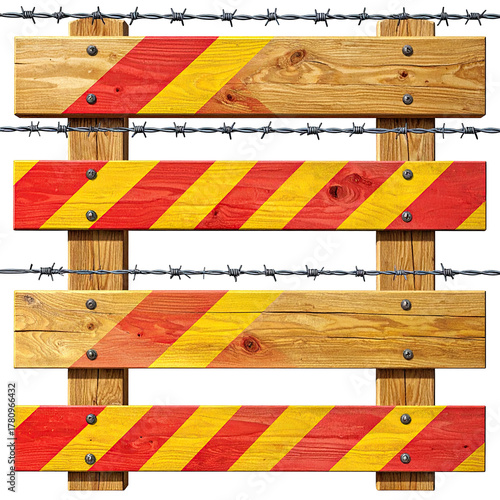 A barrier composed of wooden planks with diagonal red/yellow stripes and barbed wire