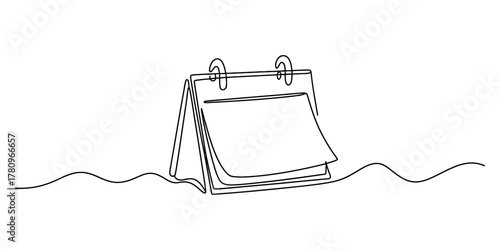 Minimalist continuous line art drawing of a blank desk calendar, perfect for event planning, deadline tracking, time management, and schedule organization concepts.