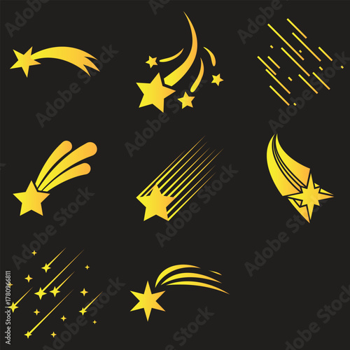 Falling gold stars vector set Icons of meteorites and comets