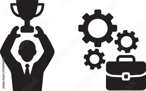Entrepreneurship success icon with man raising arms holding trophy, symbolizing achievement.