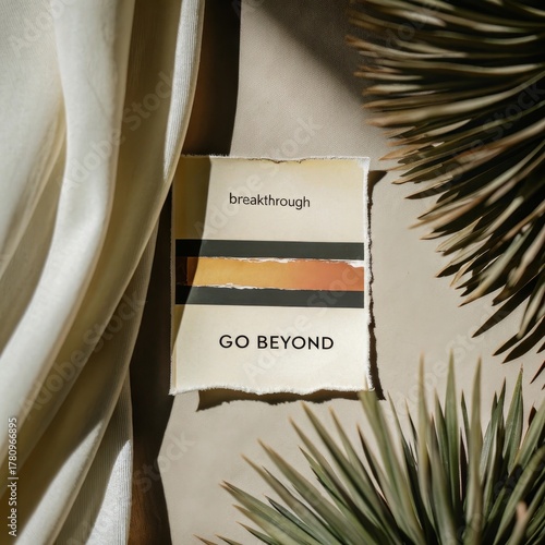 Card with text and colored stripes among drapery and foliage