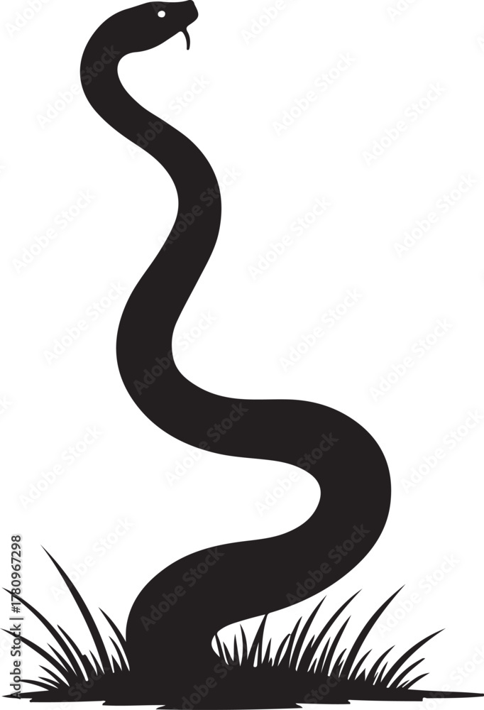Fototapeta premium Black snake silhouette coiled in grass white background