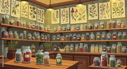 Apothecary Shop Interior with Shelves of Jars and Botanical Prints.