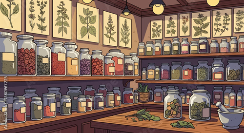 Apothecary Shop with Jars of Herbs and Botanical Illustrations.