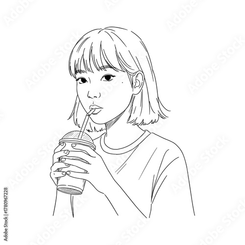 Young woman drinking beverage through a straw in casual style  