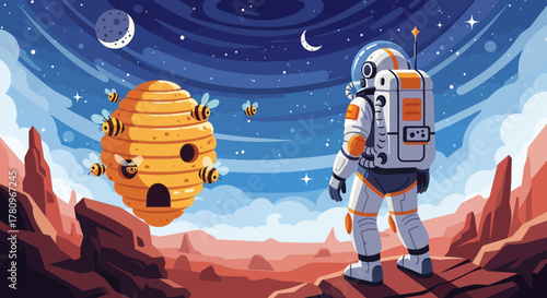 Astronaut encounters a giant beehive with bees in an alien landscape.