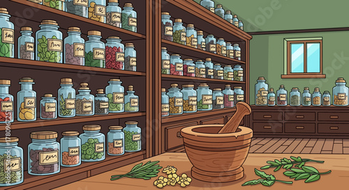 Apothecary Still Life - Mortar, Pestle, and Herbal Remedies.