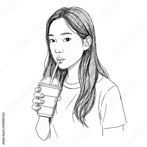 Young woman sipping drink with straw in casual attire  