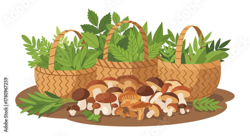 Baskets filled with green leaves and a pile of freshly picked mushrooms.