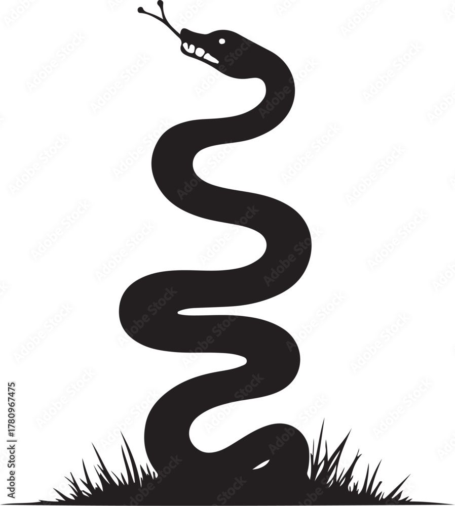 Fototapeta premium Black snake coiled in grass silhouette serpent reptile