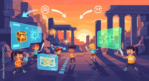 Children playing augmented reality game in ancient ruins.