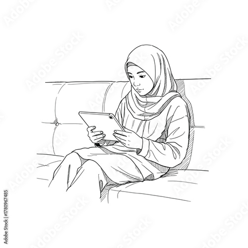 Young Muslim woman using tablet while sitting on a sofa indoors  