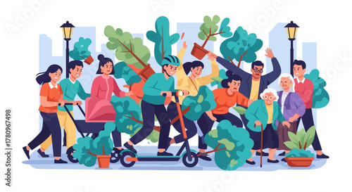 Community Volunteers Planting Trees and Plants in a Park Together.