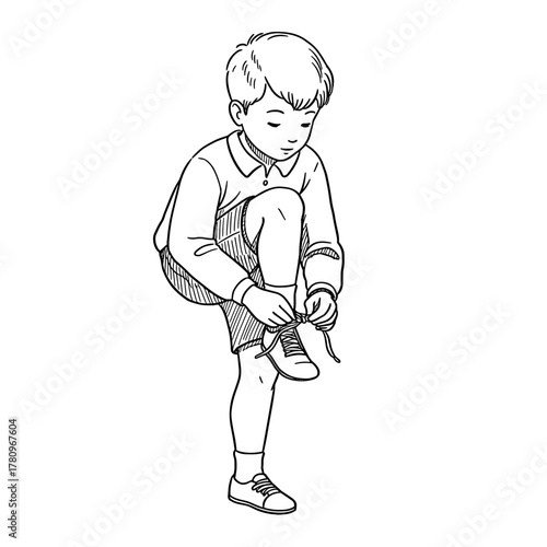 Boy tying shoelaces while sitting on the floor in casual clothes  