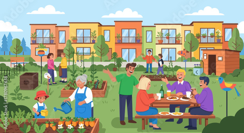 Diverse community members enjoying gardening and social gathering outdoors.