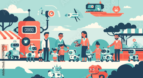 Families and children meet friendly robots at a technology fair.