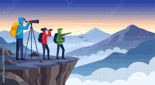 Group of three hikers observing the landscape from a mountain cliff.