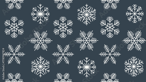 Beautiful white snowflakes on a dark background, winter pattern.