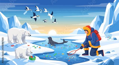Man fishing in icy water near polar bears and a seal.