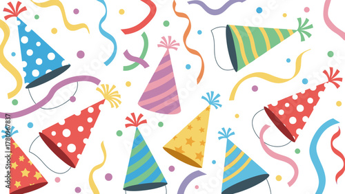 A festive collection of colorful party hats and confetti.