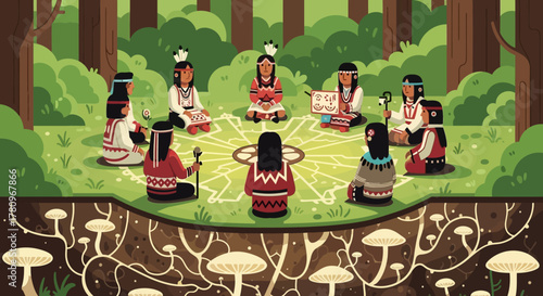 Indigenous women gather in a circle for a spiritual ceremony in the forest.