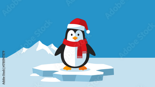 Cute Penguin Wearing Santa Hat and Scarf on Ice Floe.