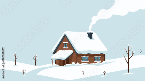 Cozy Winter Cabin with Snow and Smoke from Chimney.