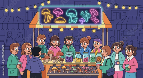 People gathering at a mushroom stall at a night market.